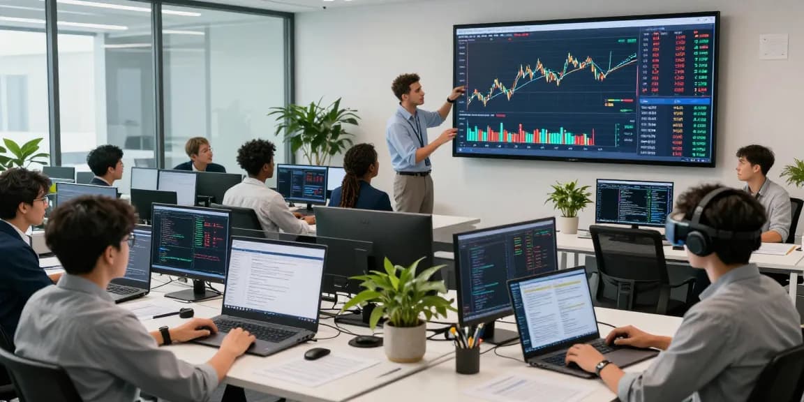 Team analyzing algorithmic gold trading API data in a modern trading office filled with screens and vibrant market visuals.