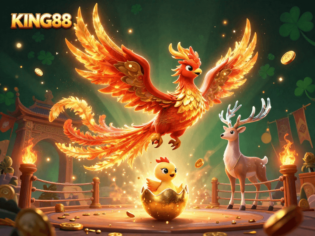 Experience the vibrant world of KING88 as a baby phoenix hatches amidst a mystical scene filled with golden coins and betting tokens.