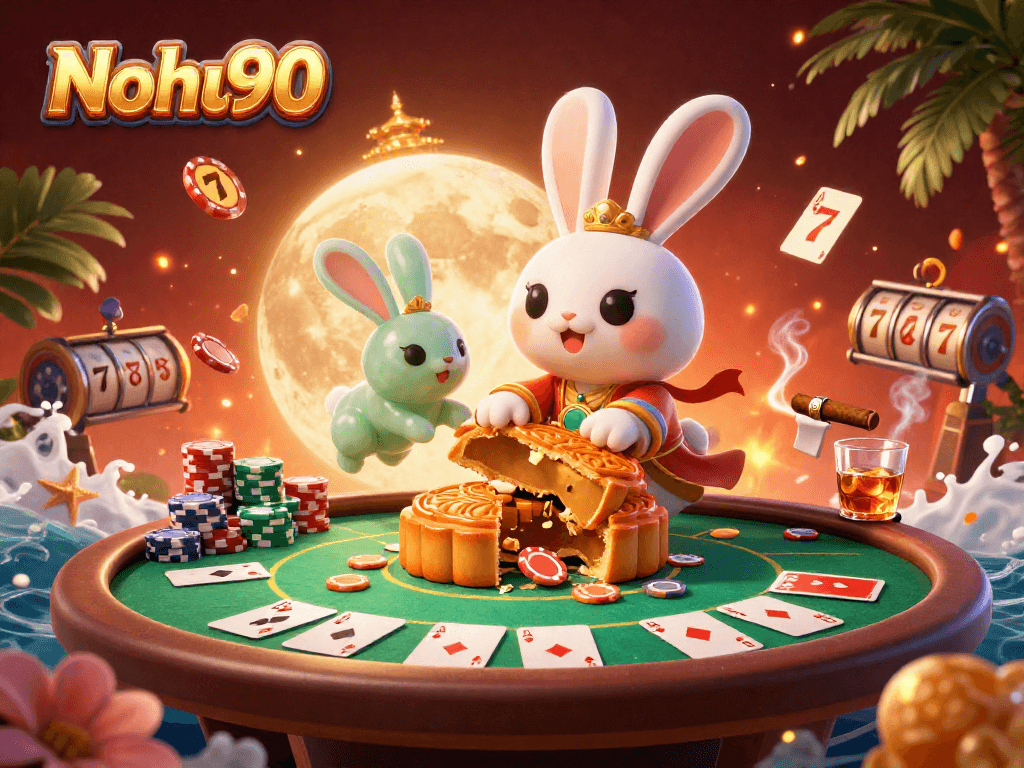 Nohu90 showcases a mystical moon rabbit pouring poker chips from mooncakes amidst an energetic casino scene.