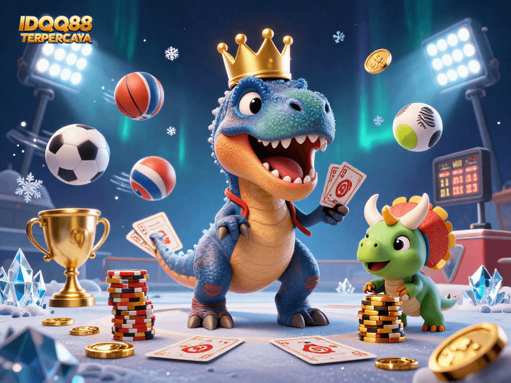 IDQQ88 TERPERCAYA showcases a lively 3D cartoon scene of friendly dinosaurs engaging in dynamic sports betting.
