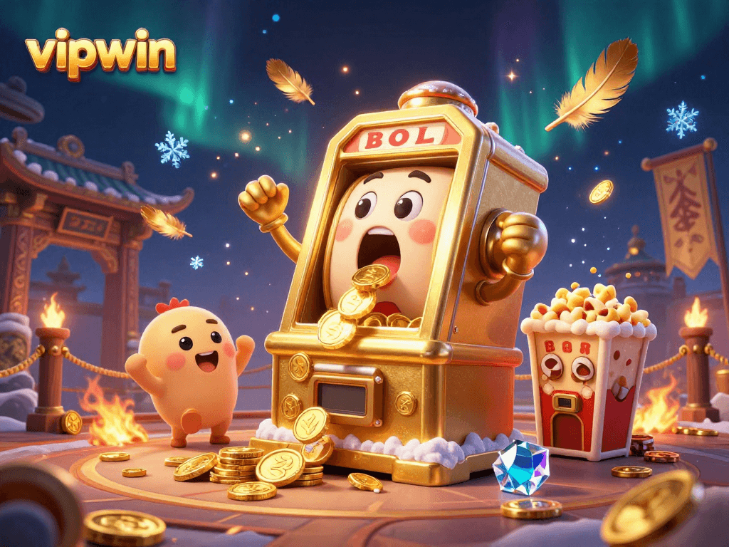 Exciting vipwin scene with a golden slot machine hitting a jackpot, surrounded by cheering slots and golden confetti.