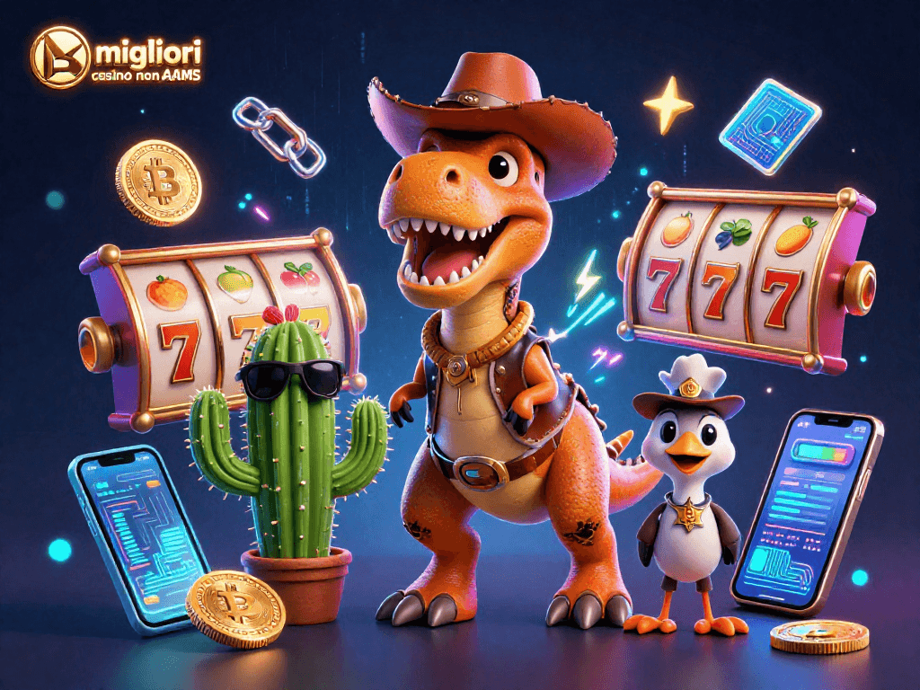 Scopri i migliori casino non AAMS con un T-Rex cowboy e simboli luminosi delle macchine da gioco.