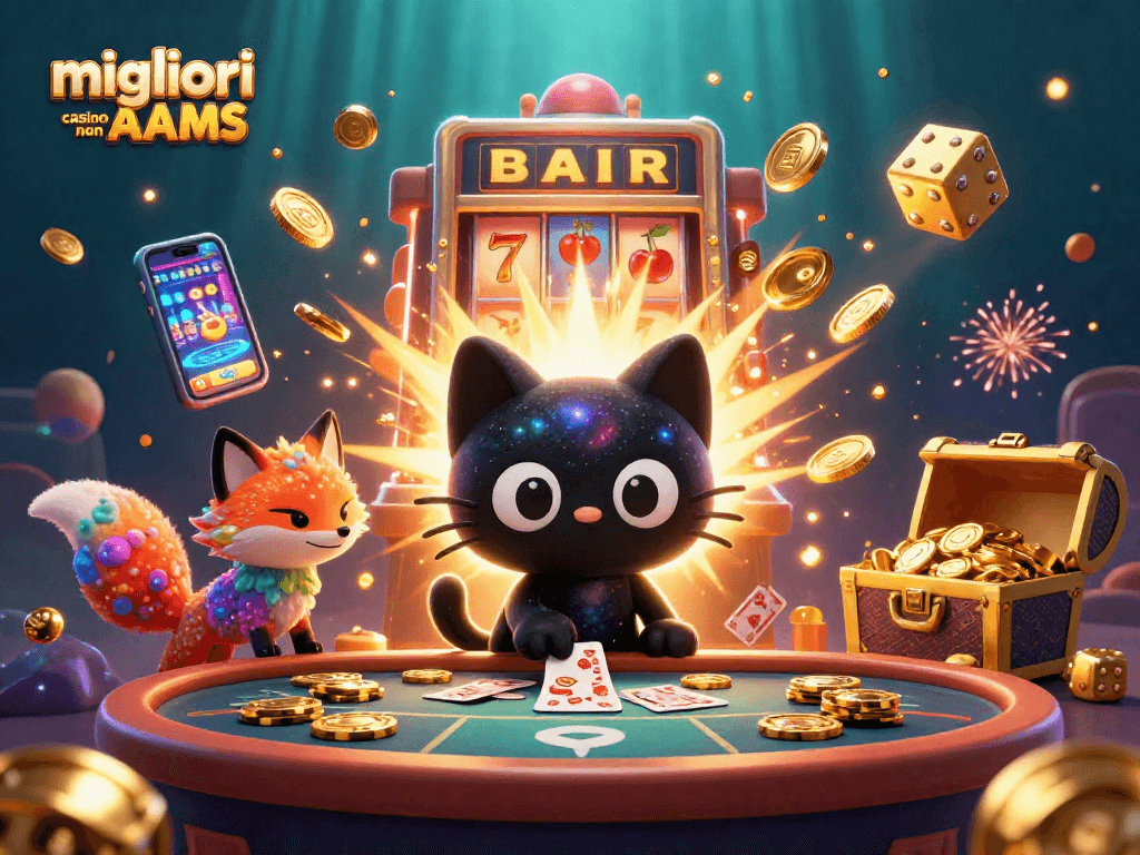 Immagine di migliori casino non AAMS con un gatto e una volpe cosmica che attraggono gettoni e carte.