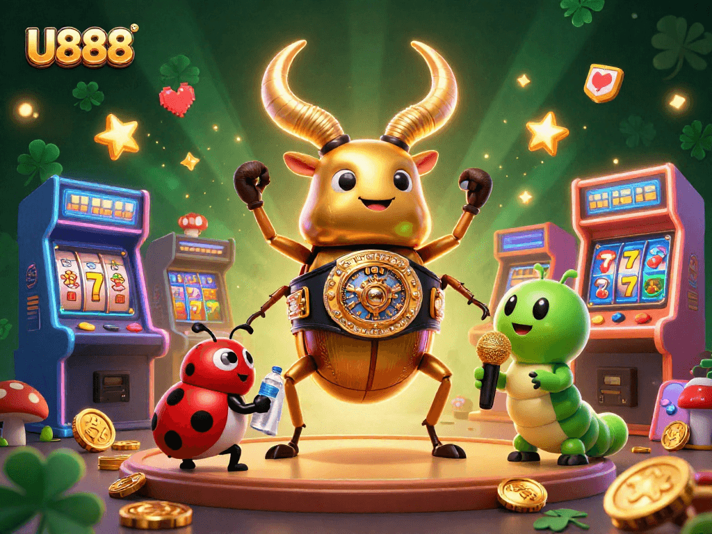 U888 showcases an epic showdown with a golden stag beetle and vibrant casino elements for thrilling gameplay.