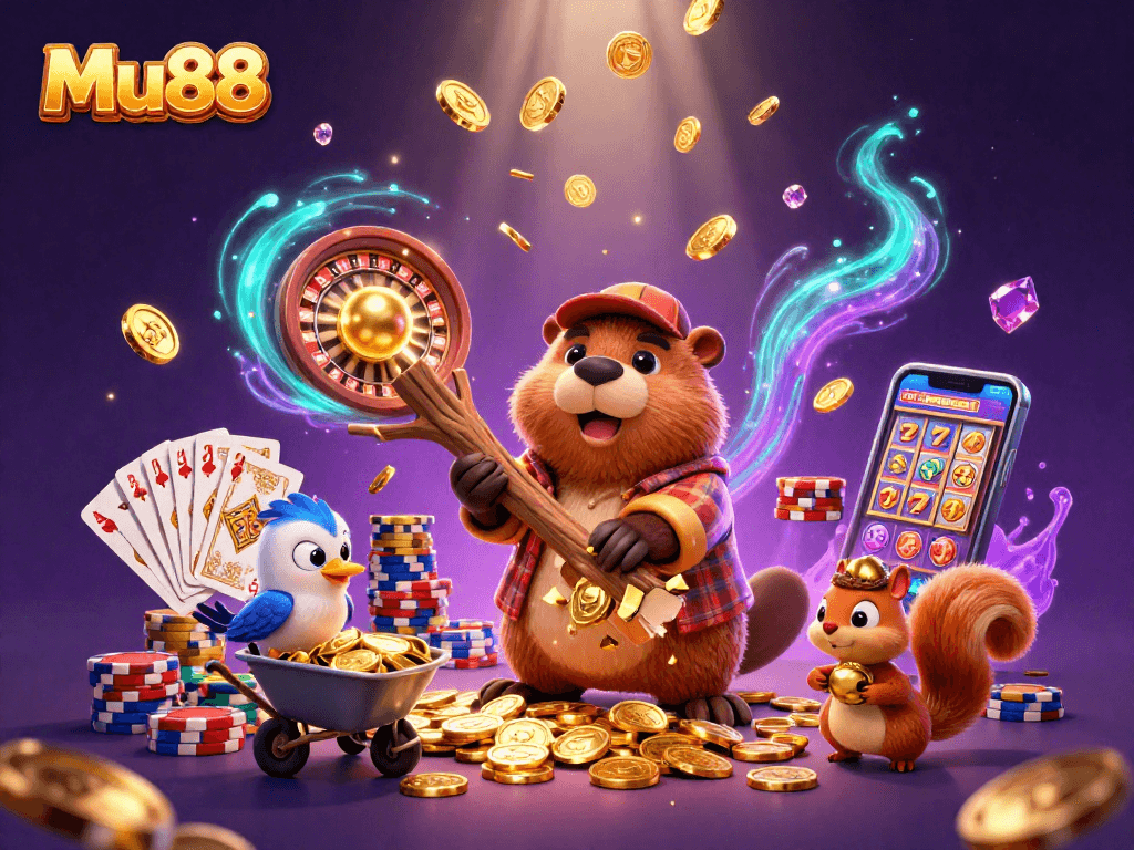 Win big at Mu88 with a colorful 3D scene of cartoon characters engaged in gambling fun.