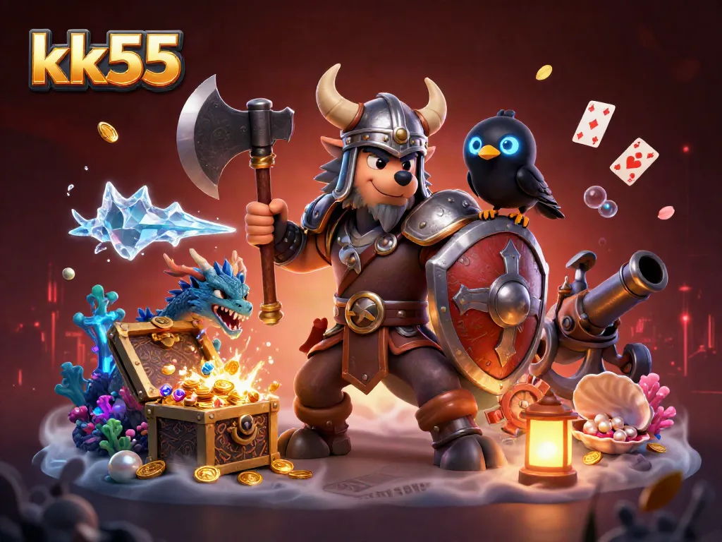 Experience the excitement of kk55 with a Viking warrior and dragon in a vibrant casino scene
