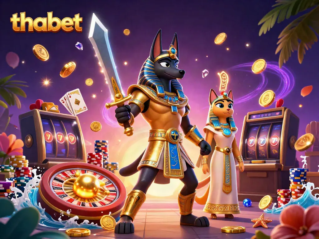 Experience thrilling wins with thabet's vibrant 3D casino illustration showing Anubis and Bastet amid dynamic gameplay elements.