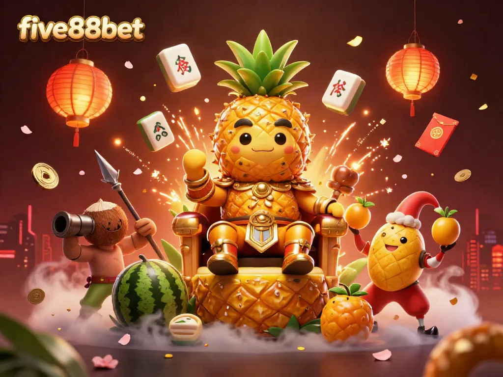 Experience the vibrant beach casino scene with five88bet, showcasing a pineapple king and lively casino elements.