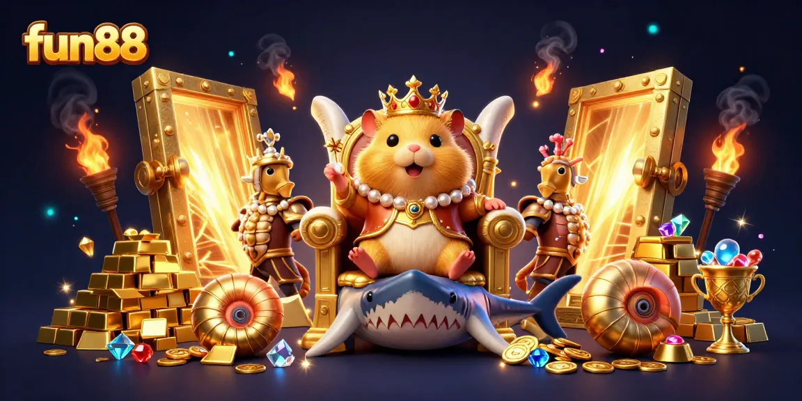 Experience the thrill of fun88 with a vibrant illustration of a golden hamster king among treasures and gaming elements.