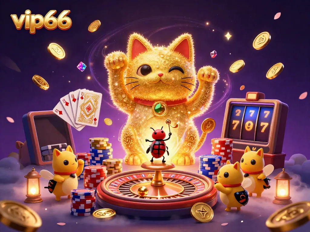 Engage with vip66's vibrant casino experience featuring golden fireflies, a lucky cat, and dynamic gaming elements.