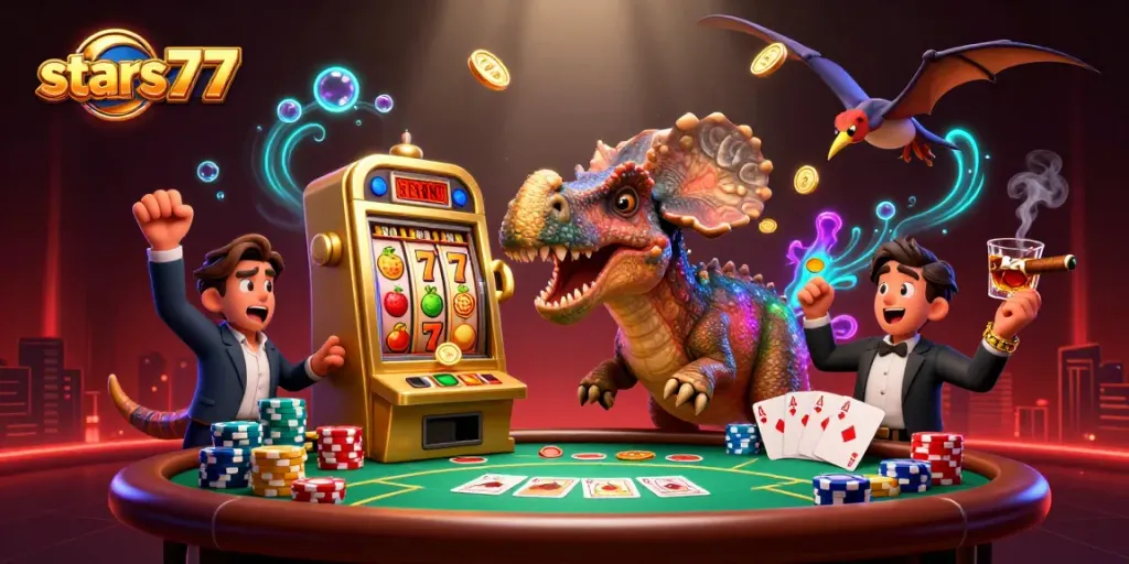 Permainan slot di stars77 menunjukkan ilustrasi pachycephalosaurus memecahkan mesin slot dengan koin emas terbang.