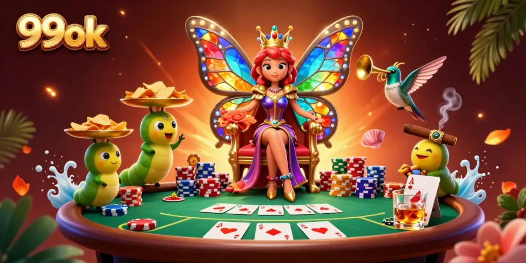Experience thrilling poker action with vibrant 99ok-themed elements and characters in an enchanting setting.
