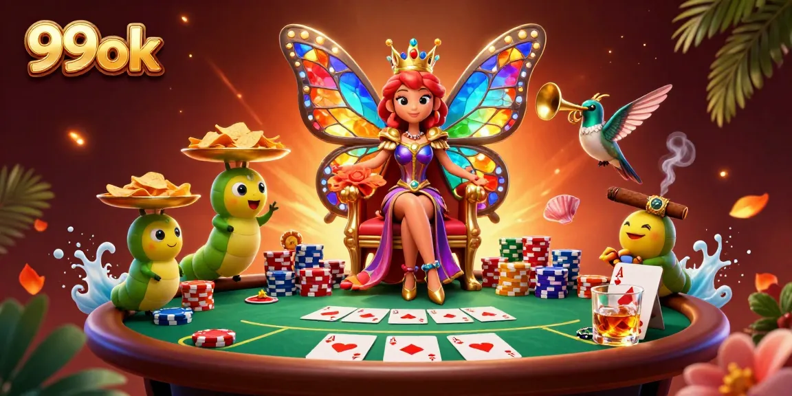 Experience thrilling poker action with vibrant 99ok-themed elements and characters in an enchanting setting.