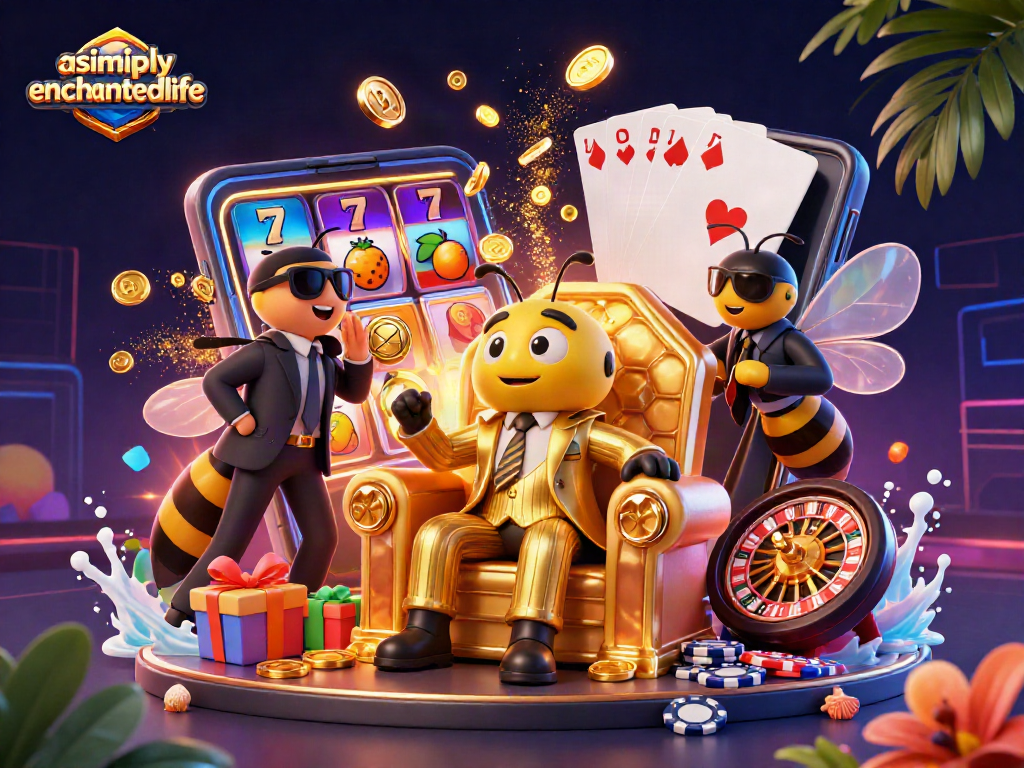 Experience the thrills of asimplyenchantedlife through a vibrant 3D casino scene filled with colorful slot reels and characters.