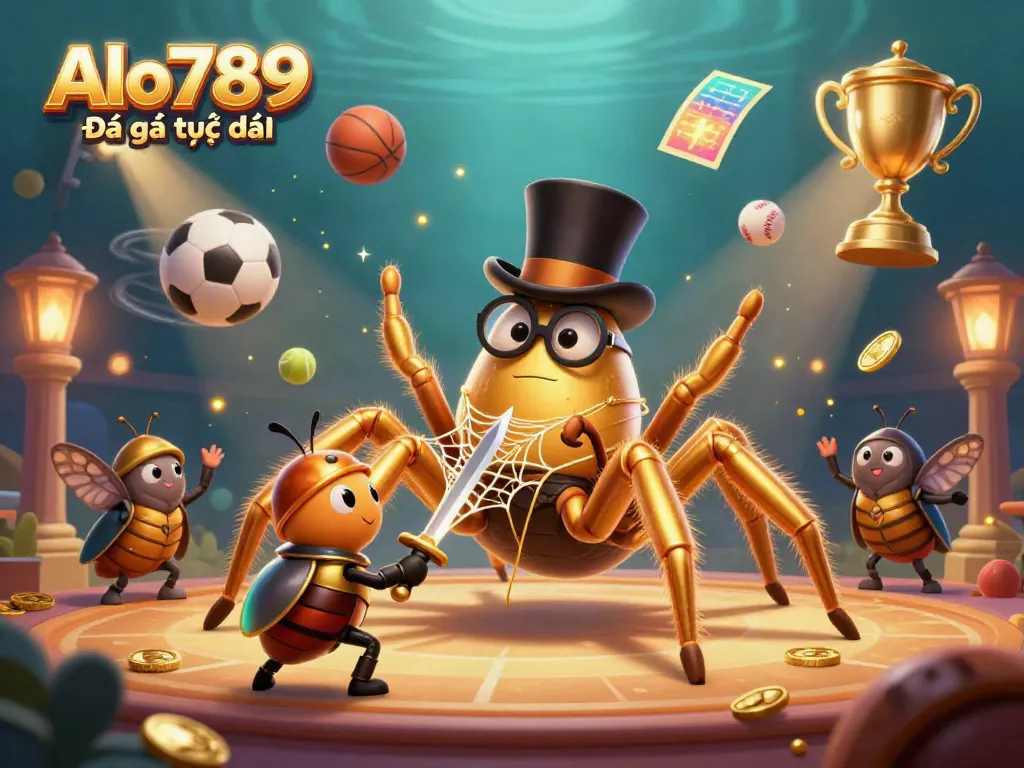 Alo789 Đá gà trực tiếp showcases the excitement of cockfighting with a vibrant scene featuring a golden tarantula and brave beetle knight.