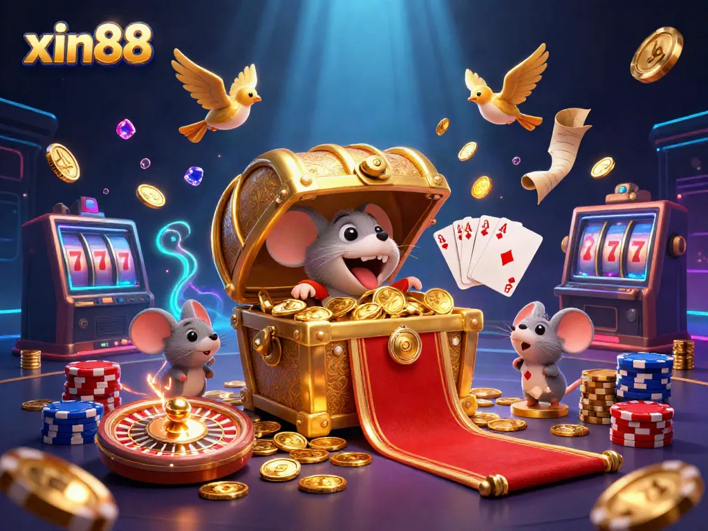 Play exhilarating games at xin88 featuring cartoon characters, treasure chests, and vibrant casino elements.