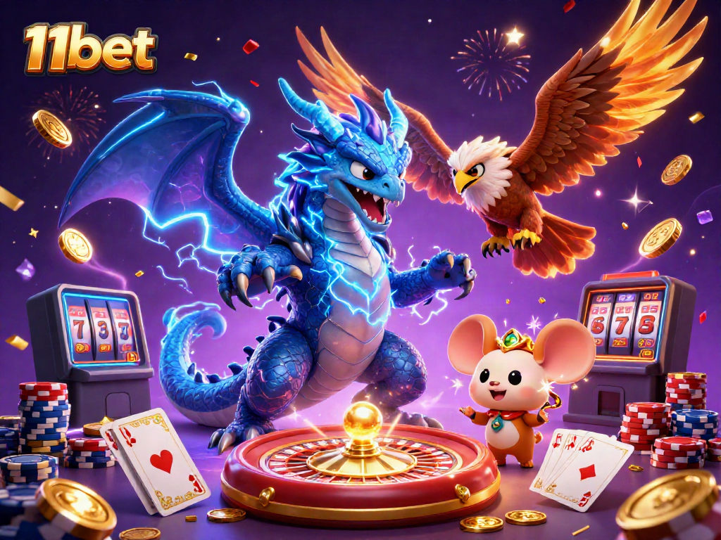 Experience thrilling gaming at 11bet with a vibrant scene of characters and casino elements.