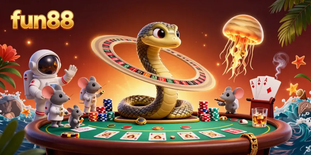 Experience excitement at fun88 with a cosmic-themed casino scene featuring animated characters and gaming elements.