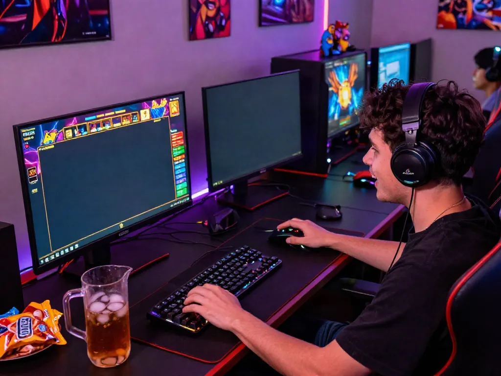 Excited gamer at a desktop setup engaging with slot games on https://da88z.net/ in a colorful, vibrant environment.