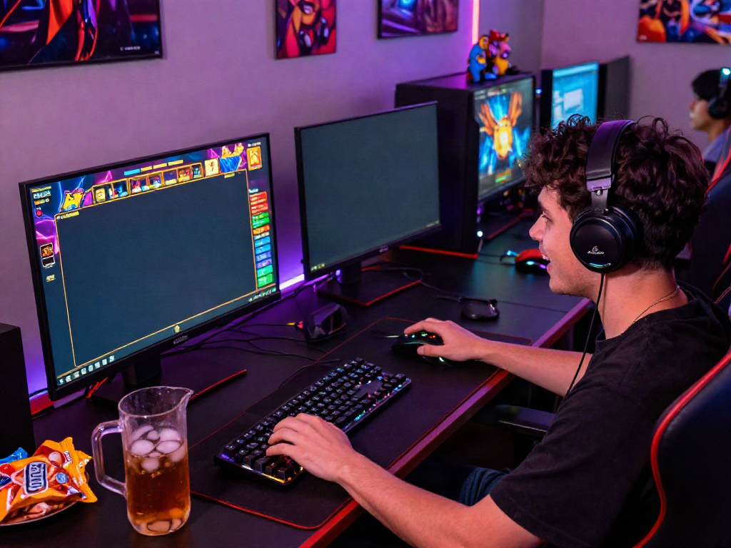 Excited gamer at a desktop setup engaging with slot games on https://da88z.net/ in a colorful, vibrant environment.