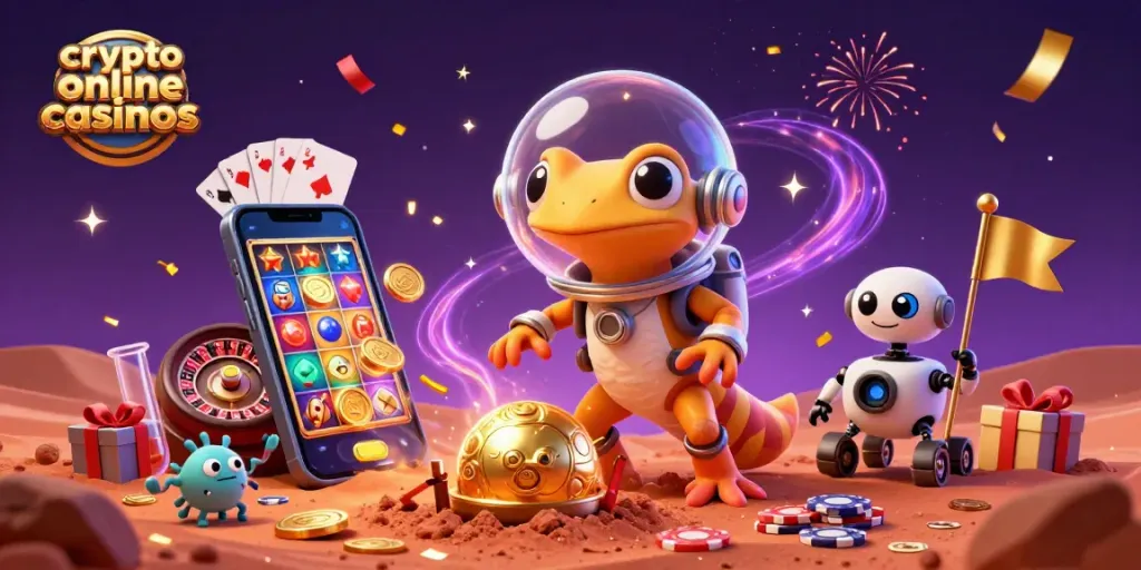 Cheerful Martian gecko discovers golden crypto online casinos amid vibrant slot games and festive colors.