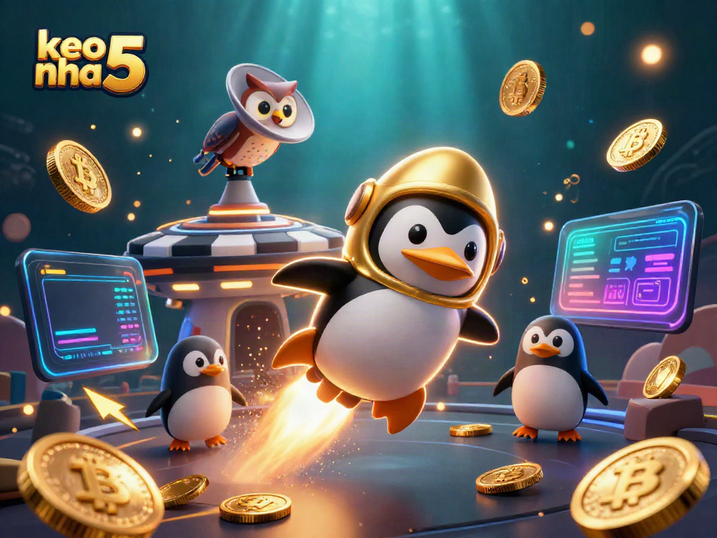 Engage with keo nha cai 5 in this vibrant 3D casino-themed digital illustration showcasing a penguin amid a cosmic treasure.
