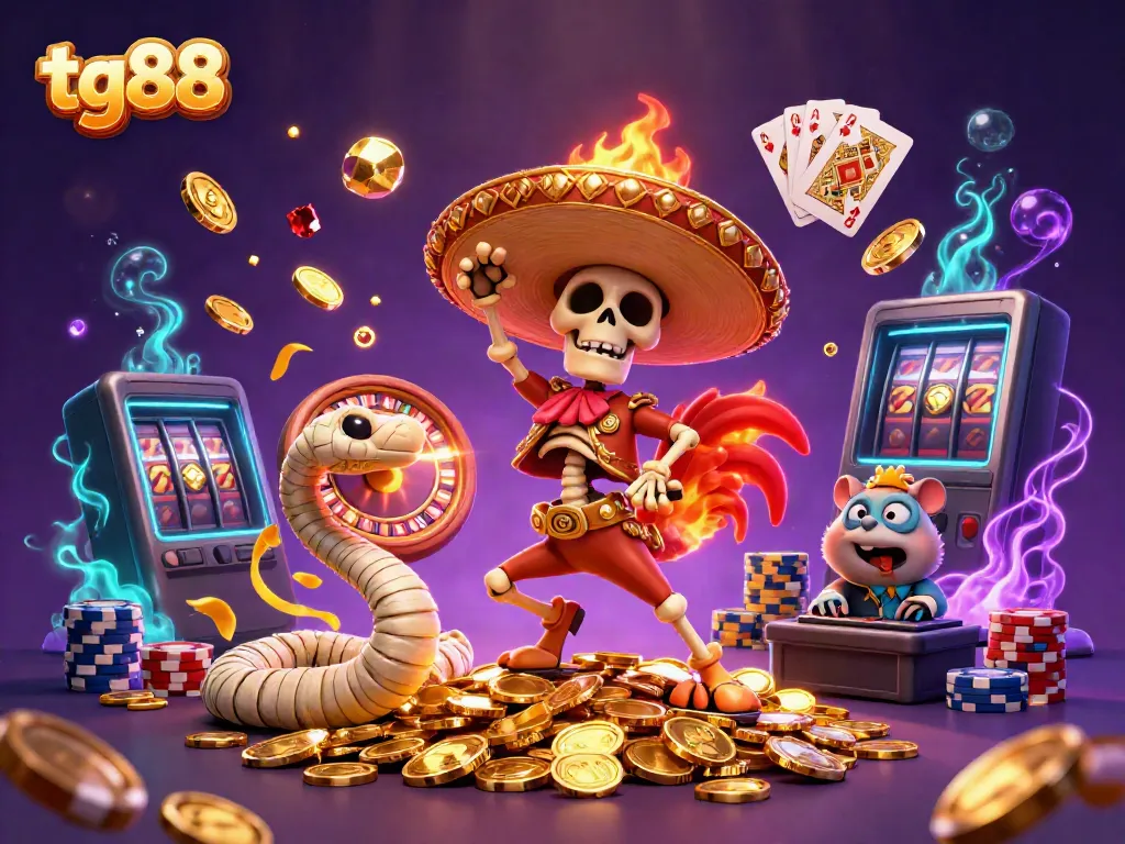 Experience excitement with tg88 as a mariachi rooster celebrates amidst a cascade of golden coins and gems.