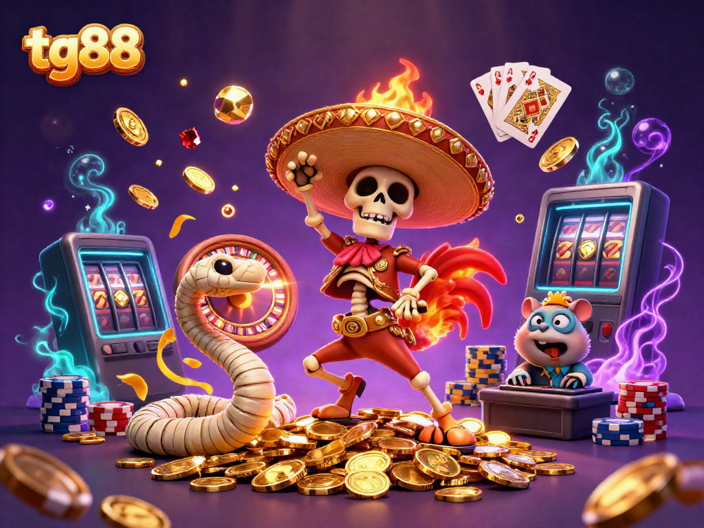 Experience excitement with tg88 as a mariachi rooster celebrates amidst a cascade of golden coins and gems.