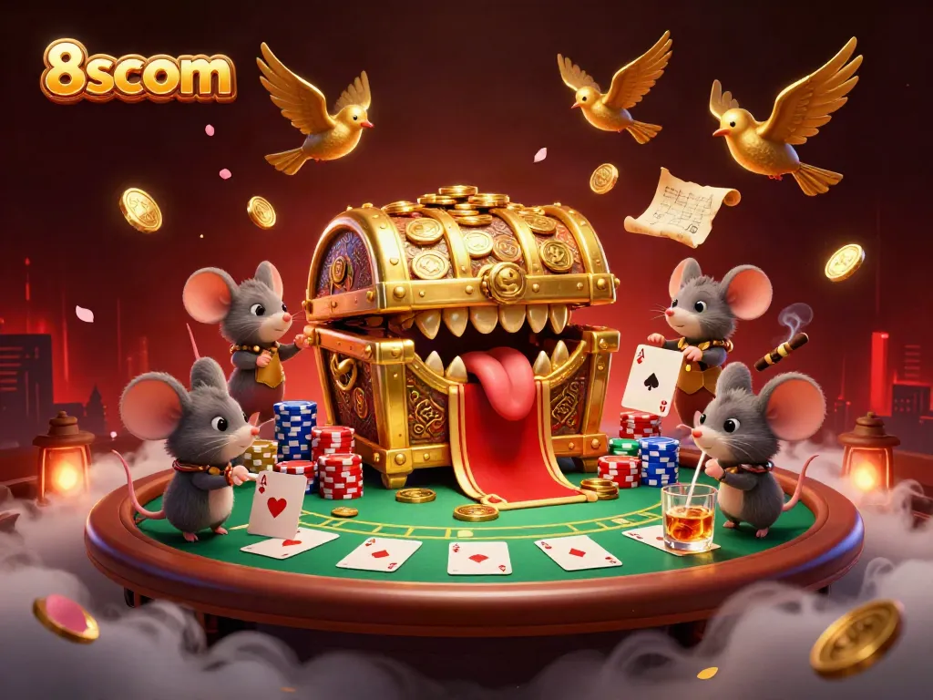 Engage in thrilling poker games at 8scom surrounded by golden treasure and rich visuals.