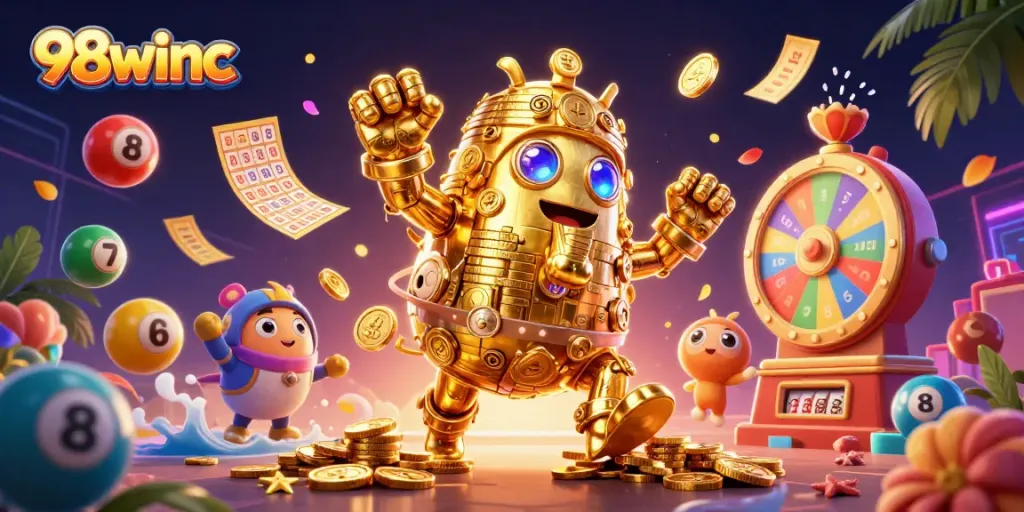 Experience the excitement of 98winc with a dynamic display of gaming action and vibrant casino elements.