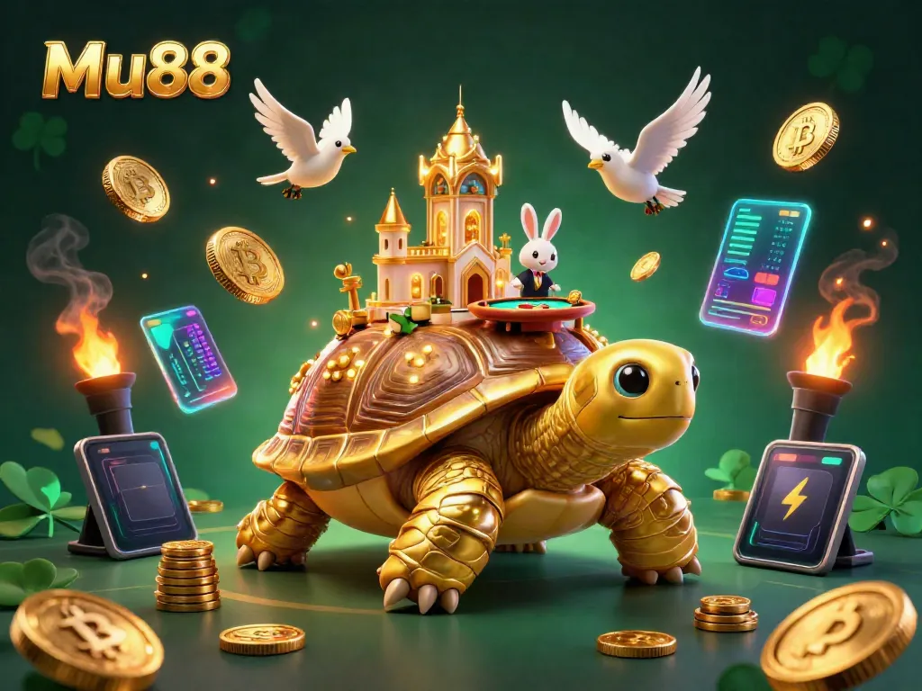 Experience thrilling casino action at Mu88 with a vibrant illustration featuring a golden tortoise and a rabbit dealer.