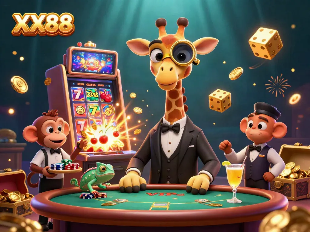 Experience the excitement of XX88 with a high-roller giraffe and friends at a vibrant casino scene.