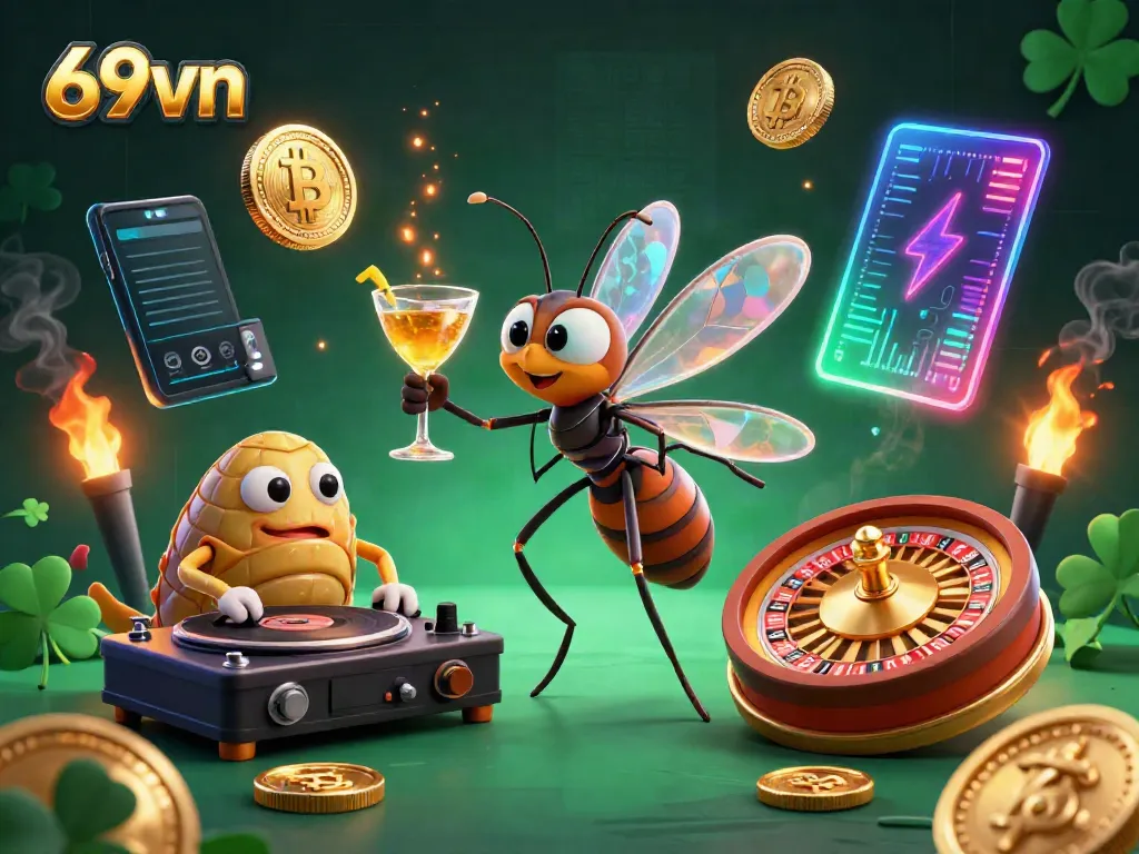 Experience thrilling casino action with 69vn, showcasing a vibrant scene of a frozen mosquito mascot and dynamic gaming elements.