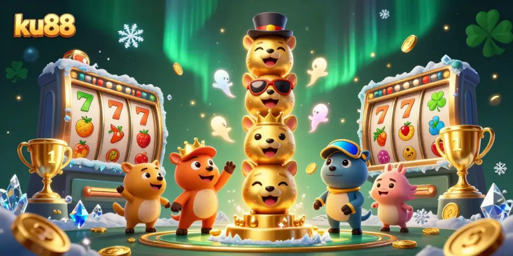 Engage in exciting gameplay at ku88 with vibrant 3D illustrations featuring slots and casino elements.