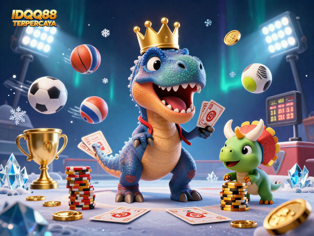 IDQQ88 TERPERCAYA showcases a lively 3D cartoon scene of friendly dinosaurs engaging in dynamic sports betting.