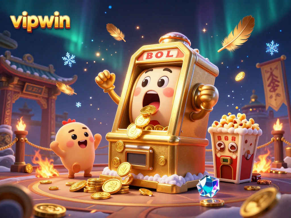 Exciting vipwin scene with a golden slot machine hitting a jackpot, surrounded by cheering slots and golden confetti.