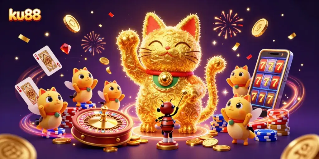 Experience the vibrant ku88 casino atmosphere with a giant lucky cat and stunning game symbols.