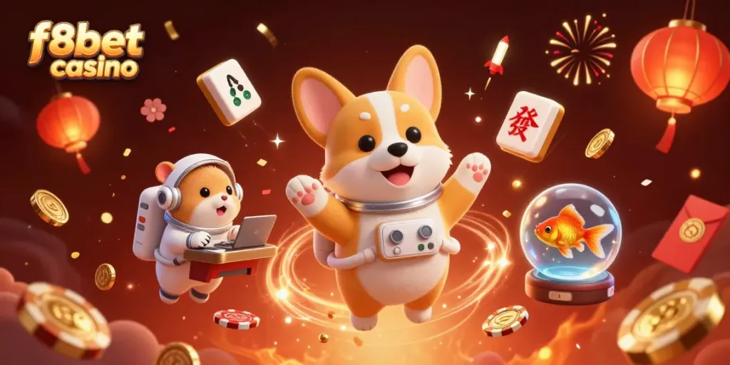 Experience f8bet casino with a floating astronaut corgi, poker chips, and festive elements in space.