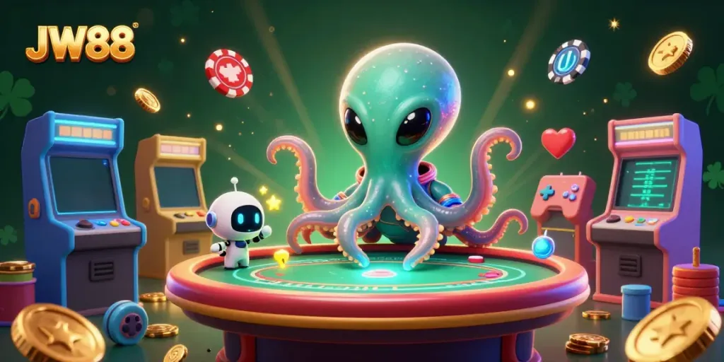 Experience lively gaming at JW88 with an alien octopus and dynamic poker action.