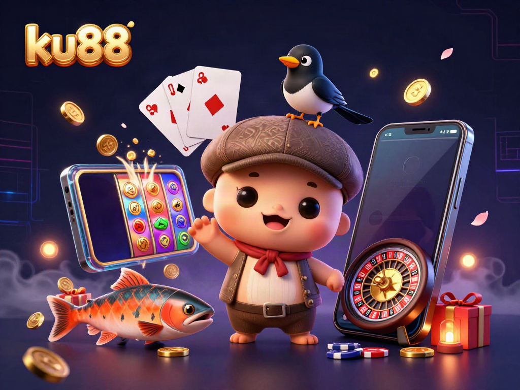 Spin the reels with ku88's dynamic gaming scene featuring playful characters and vibrant casino elements.