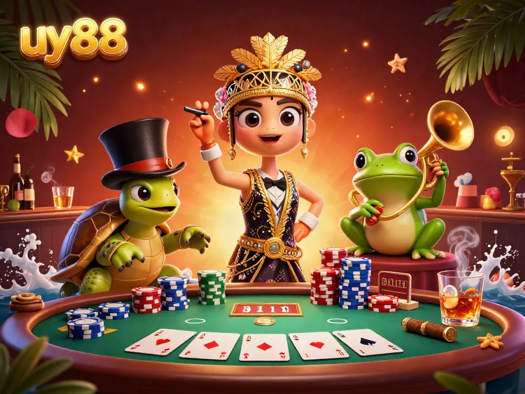 Experience excitement at uy88 with a vibrant 3D scene showcasing a flapper crane, a turtle and a trumpet-playing frog surrounded by a colorful poker setup.