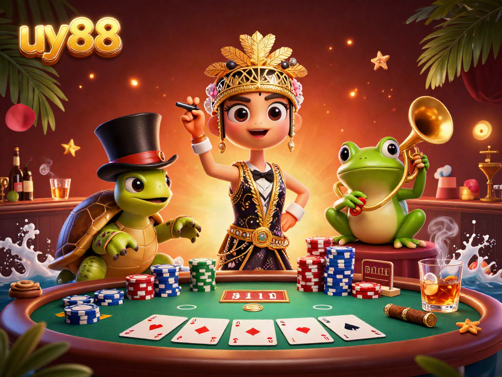 Experience excitement at uy88 with a vibrant 3D scene showcasing a flapper crane, a turtle and a trumpet-playing frog surrounded by a colorful poker setup.