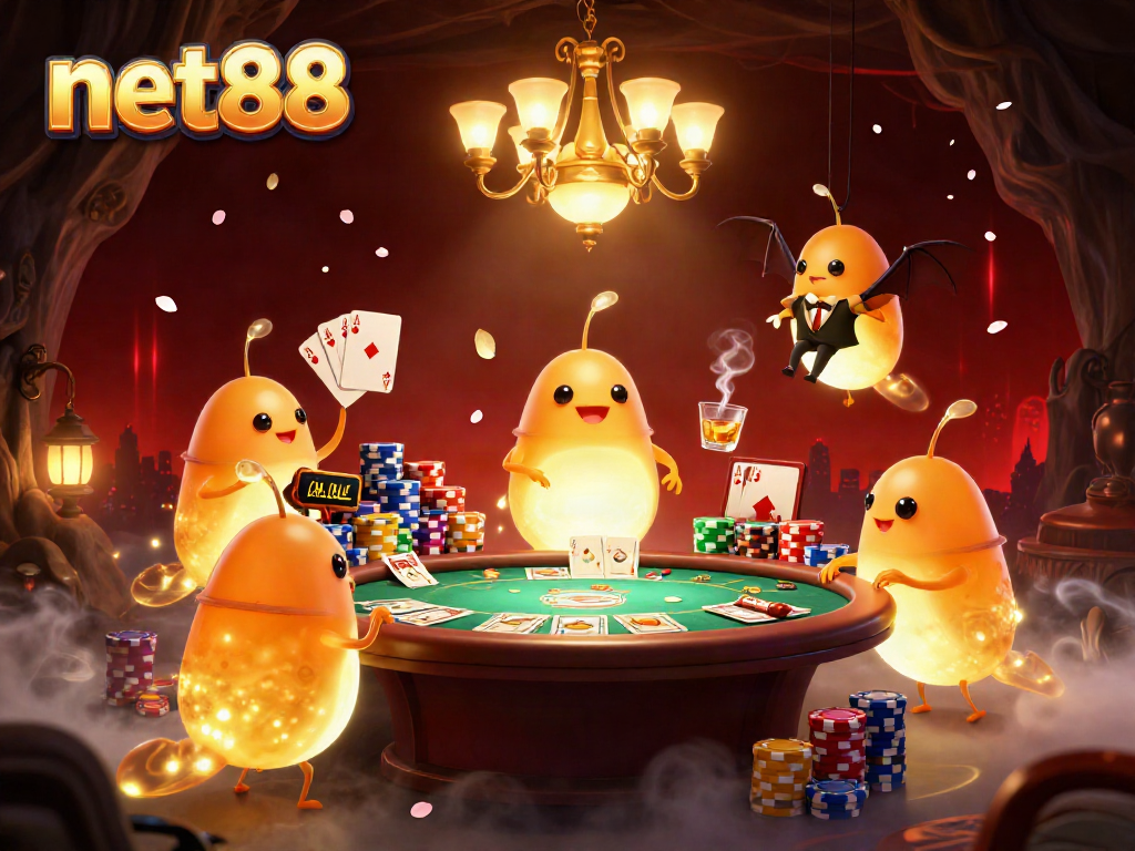 Engage in thrilling moments at net88 with glowworms illuminating a vibrant casino scene filled with poker action.
