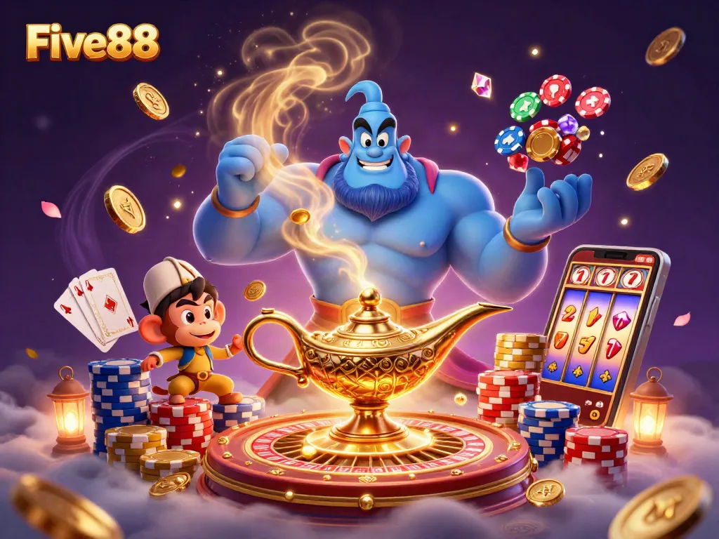 Experience the magic of Five88 with a vibrant 3D casino illustration showcasing thrilling gambling elements.