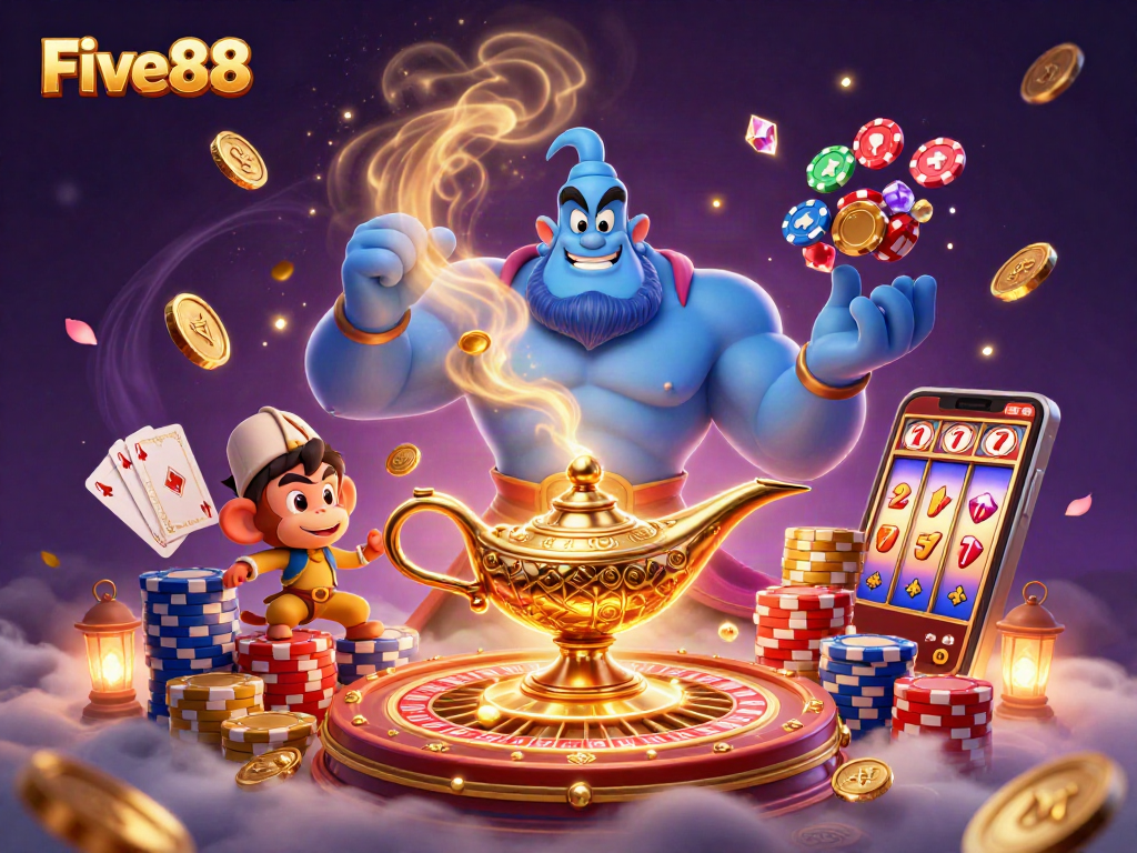 Experience the magic of Five88 with a vibrant 3D casino illustration showcasing thrilling gambling elements.