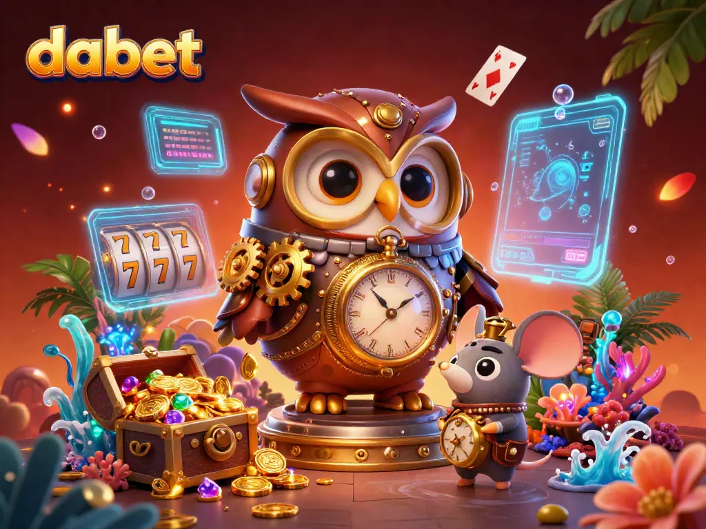 Experience the excitement of dabet with a vibrant 3D cartoon illustration of a time-traveling owl in a casino.
