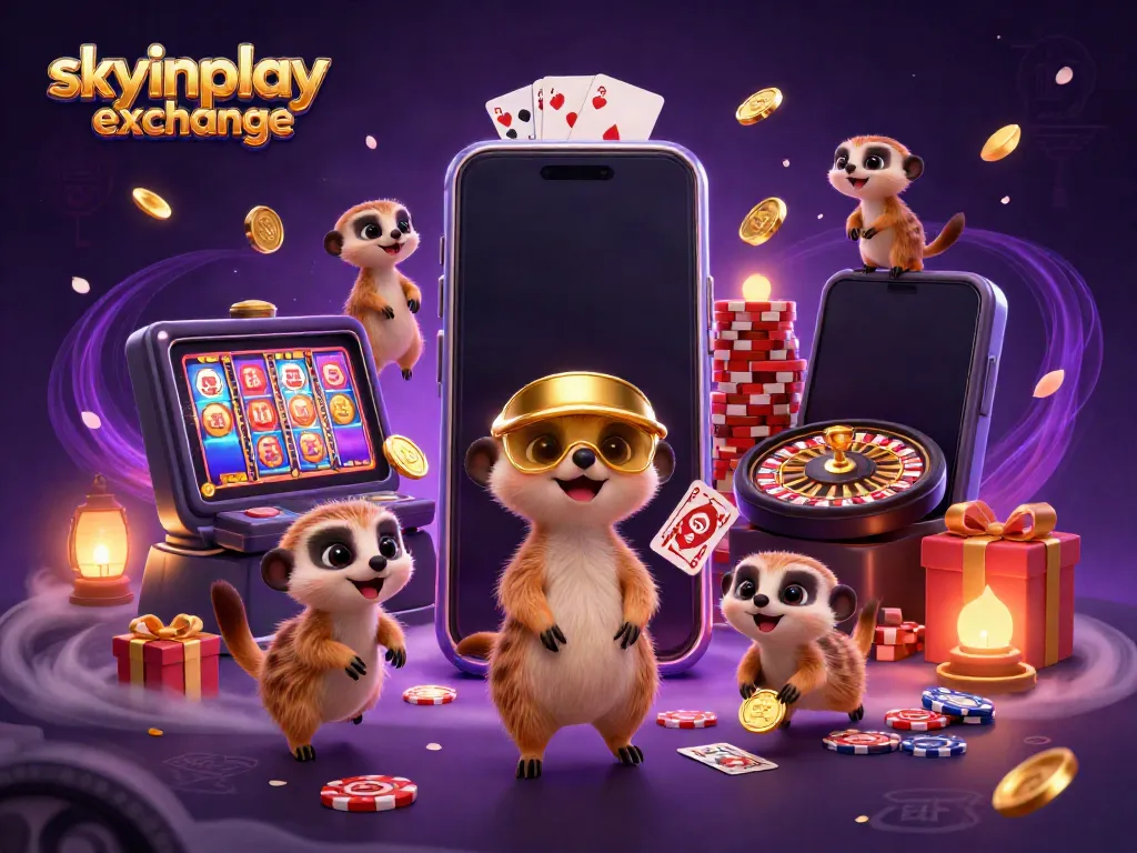 Experience the excitement of Skyinplay exchange with lively meerkats running a vibrant casino scene.