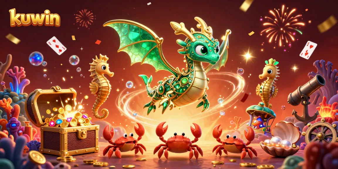 Kuwin offers a vibrant underwater adventure with a sea dragon, seahorse guards, and treasure chests.