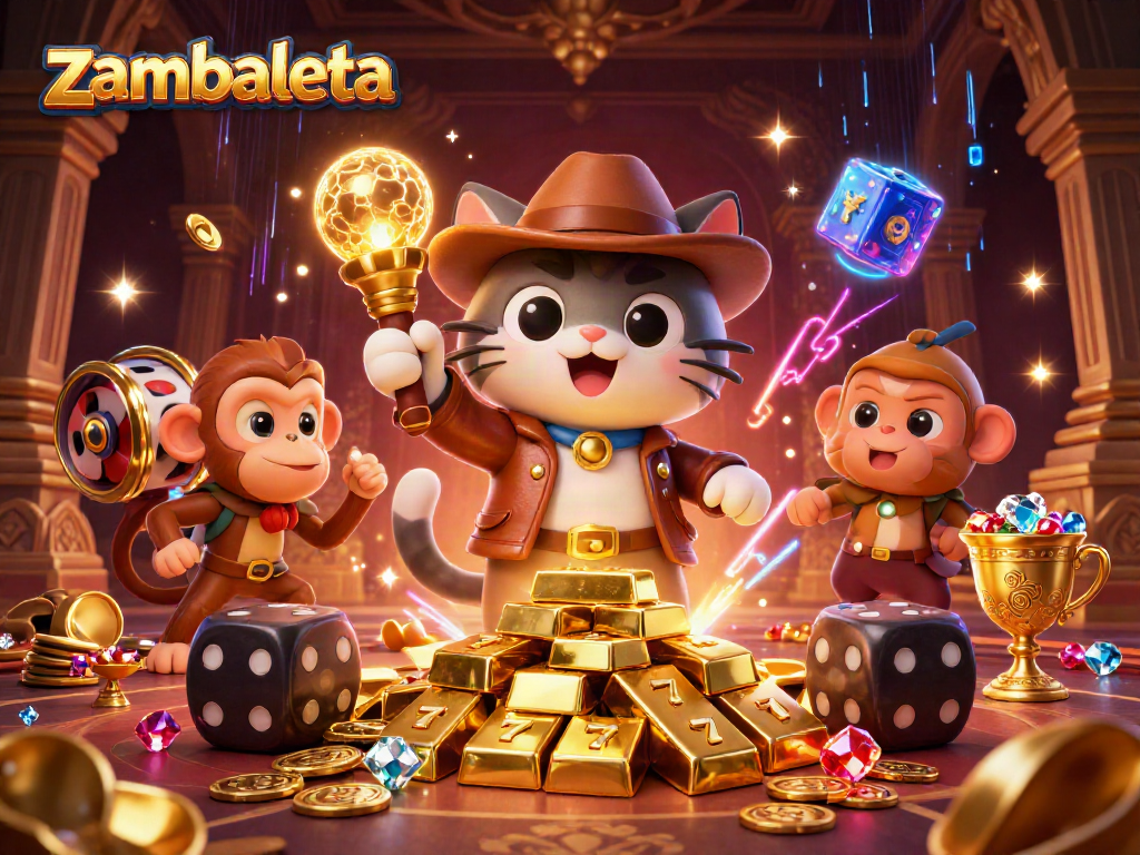 Zambaleta casino artifact discovery scene with an explorer cat and monkey in a vibrant environment.