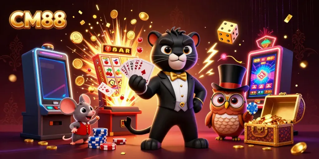 Experience excitement with CM88's lively casino scene featuring animated characters and vibrant elements.